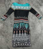 Cache Dress Womens XS Sheath Teal Black Geometric Print Long Sleeve Midi Dress