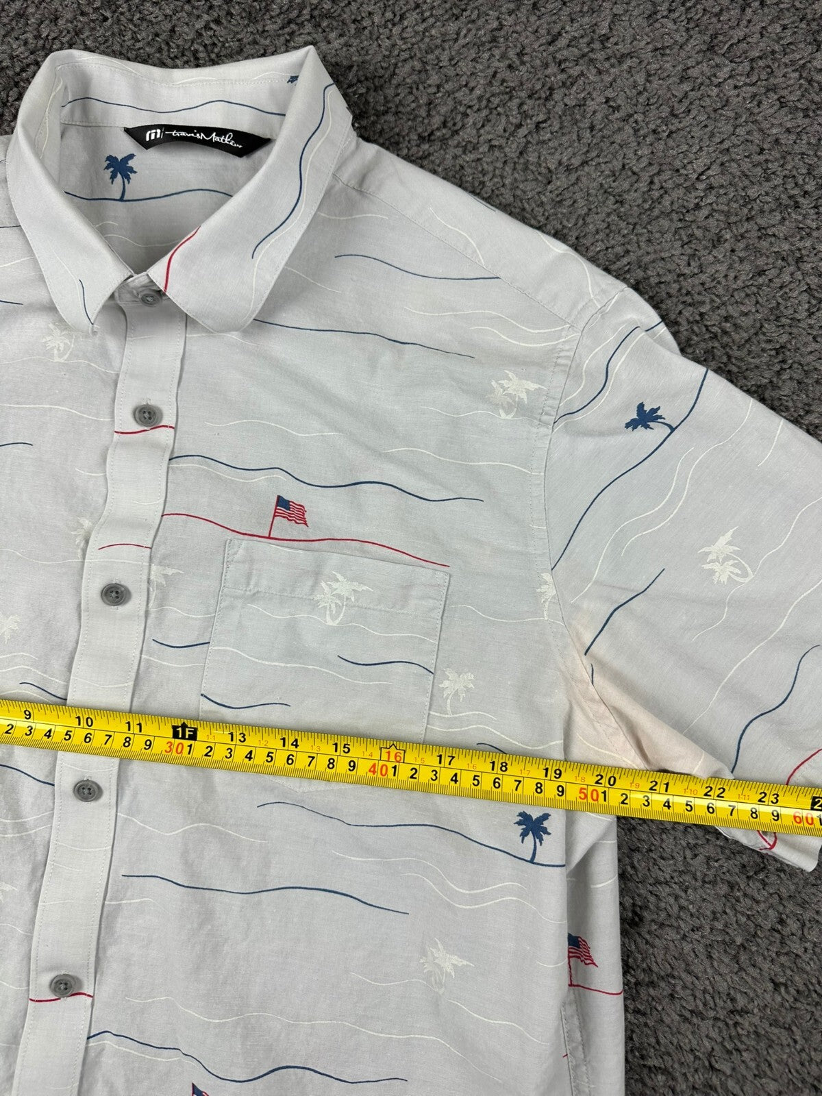 TravisMathew Men's American Flag Palm Tree Print Button-Down Shirt Large