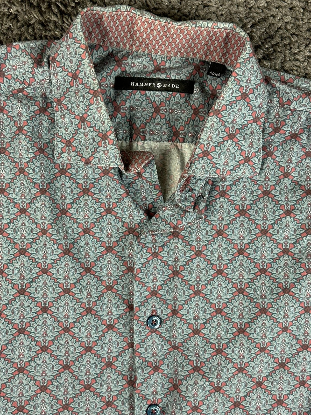 Hammer Made Mens Shirt 42 16.5 Large Floral Damask Print Long Sleeve Cotton Blue