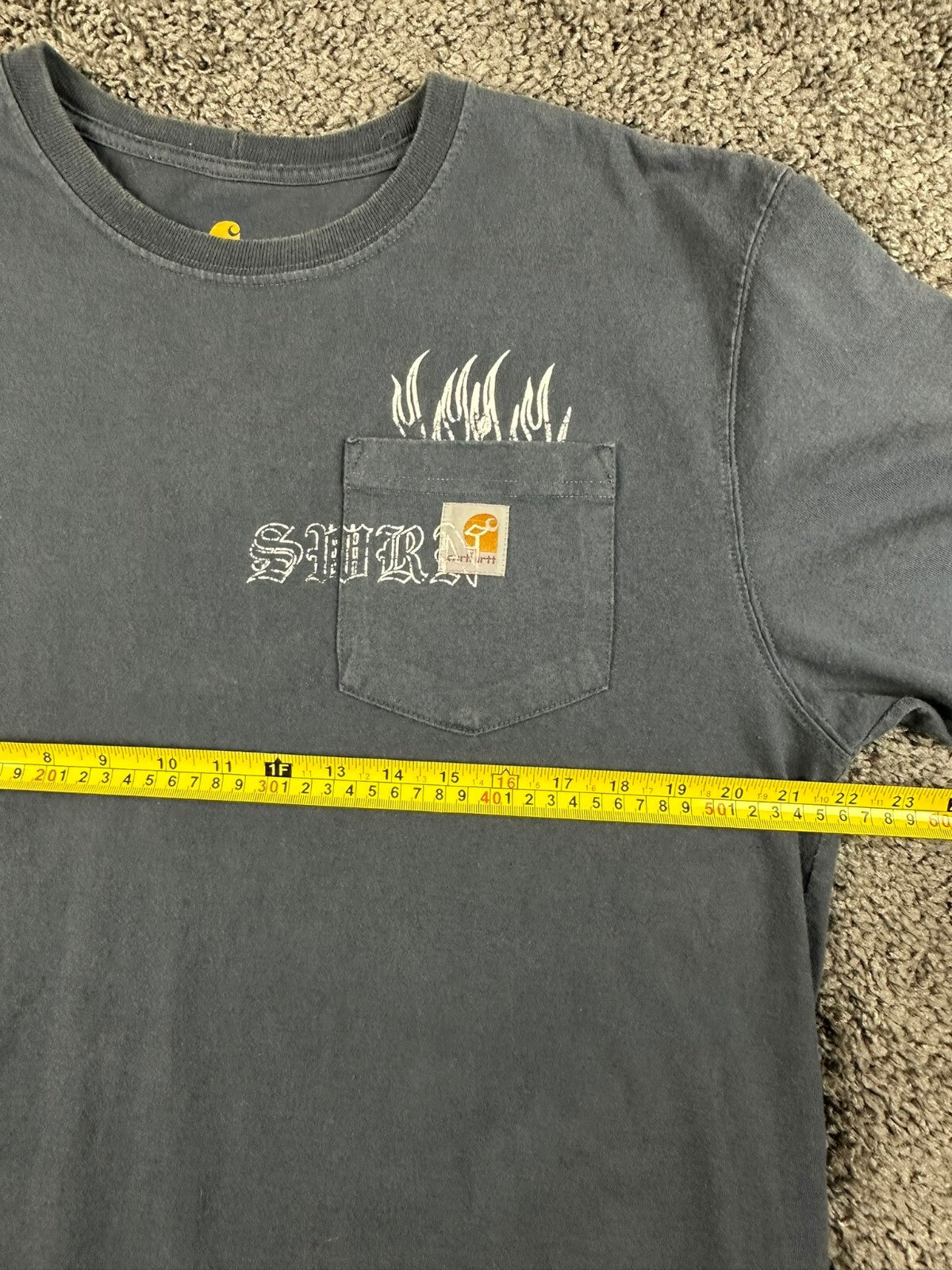 Carhartt x Sworn To Us Pocket T-Shirt Mens M Blue Graphic Flames Old English K87