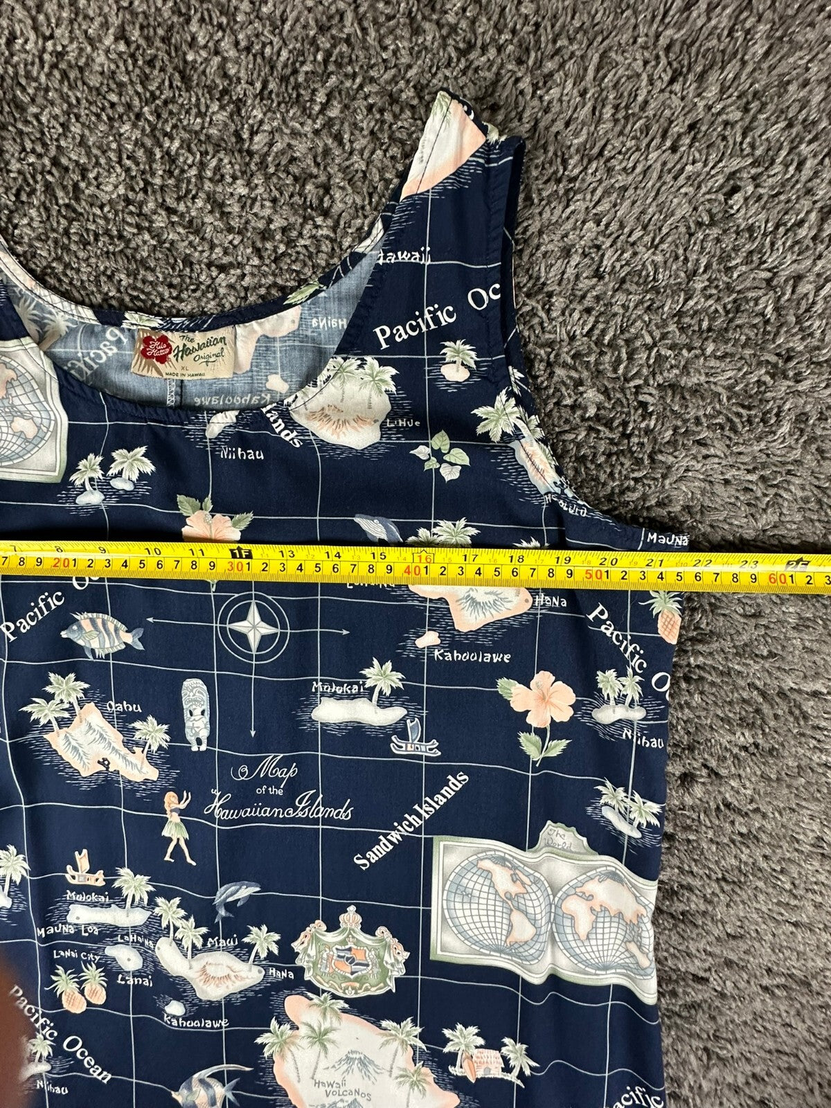 Vintage Hilo Hattie Womens XL Navy Blue Hawaiian Island Map Tank Dress USA