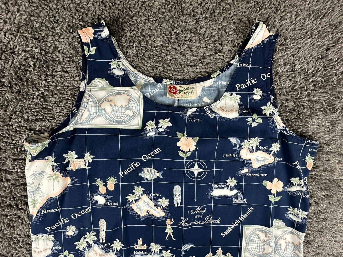 Vintage Hilo Hattie Womens XL Navy Blue Hawaiian Island Map Tank Dress USA