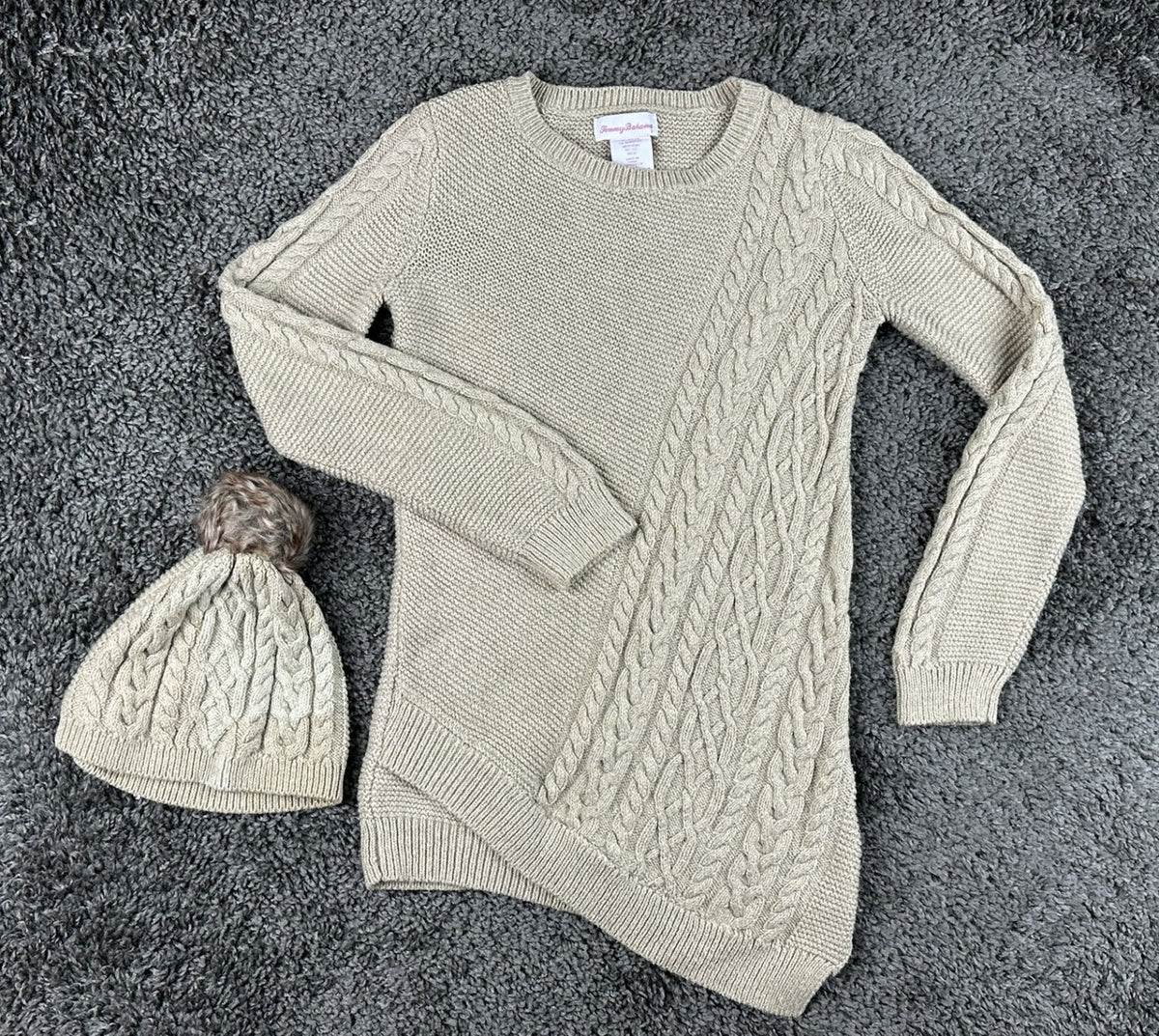 Tommy Bahama Girls M 10-12 Beige Cable Knit Sweater Pom Beanie 2 Piece Set