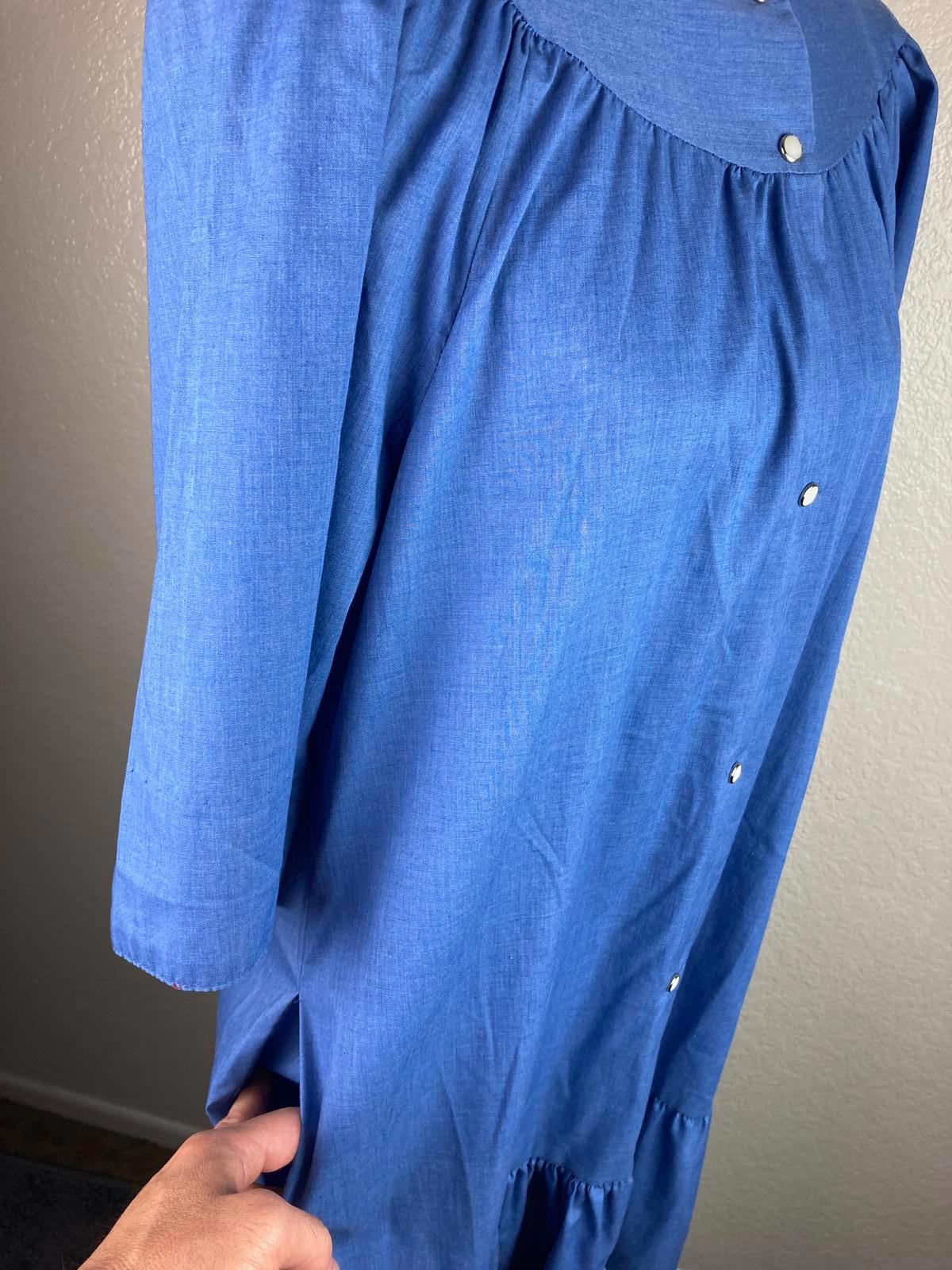 Hedy Lin Casuals Vintage Dress Pearl Snap Button, Blue Chambray Gingham Size L