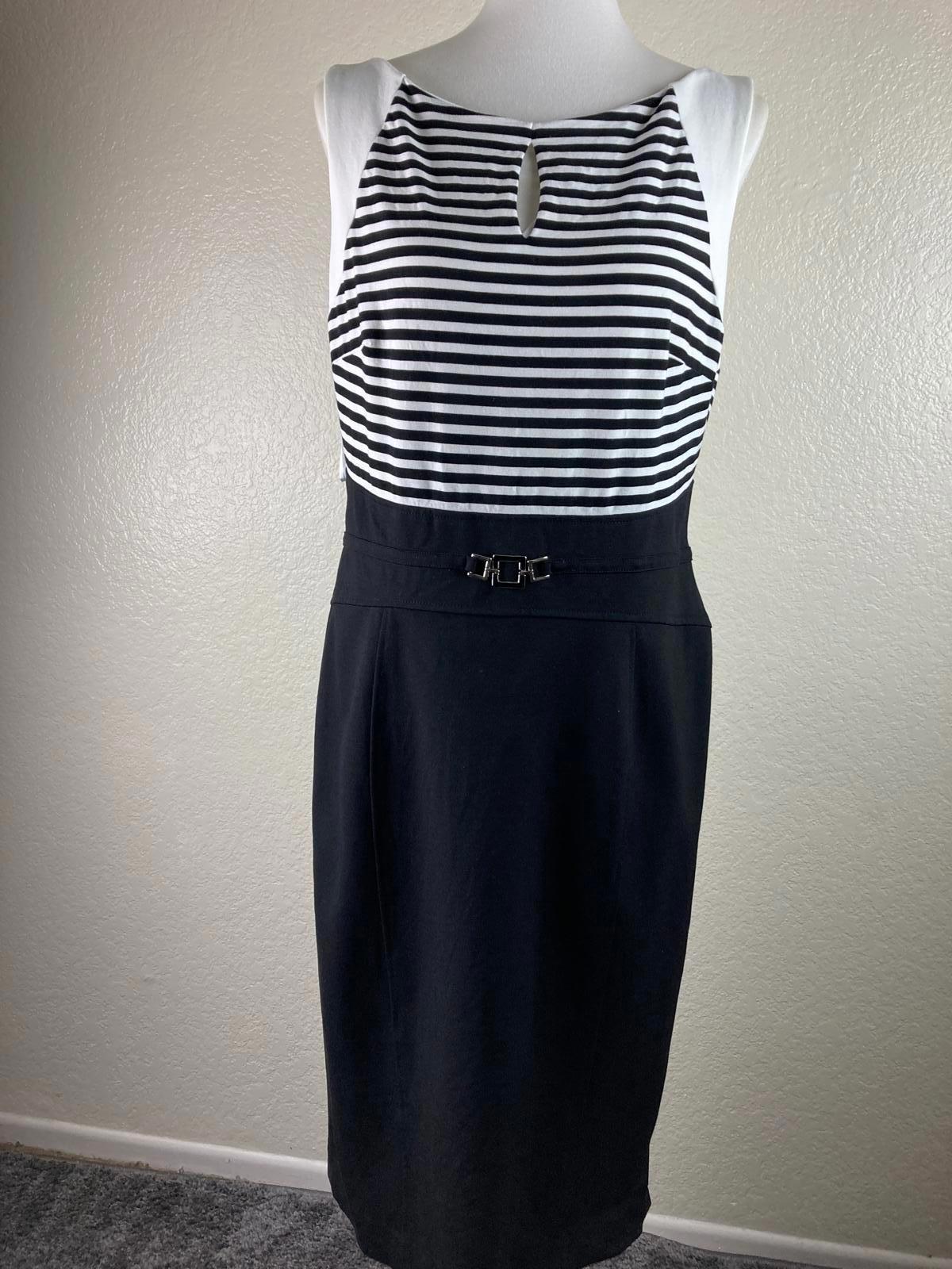 White House Black Market Dress Striped Keyhole Sheath Women’s Sz 14 Black White