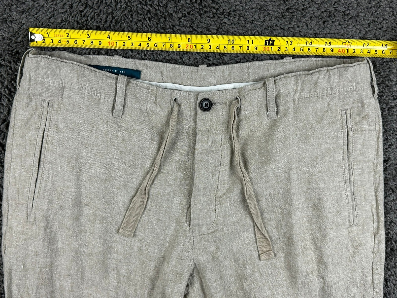 Perry Ellis Mens Linen Blend Drawstring Pants 34x32 Beige Beach Resort Chino