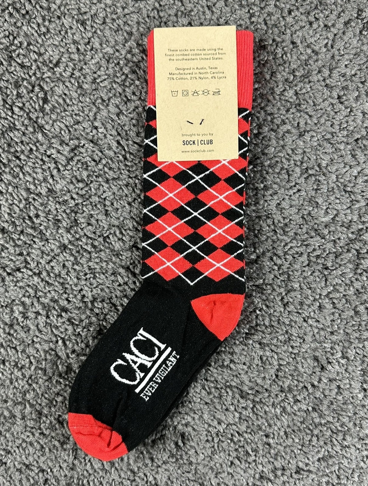 Sock Club Men Crew Socks Red Black Argyle CACI Ever Vigilant Military Cotton USA