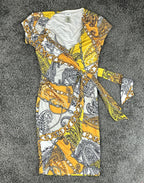 Cache Womens XS Faux Wrap Dress Gold Paisley Chain Print Side Tie Stretch