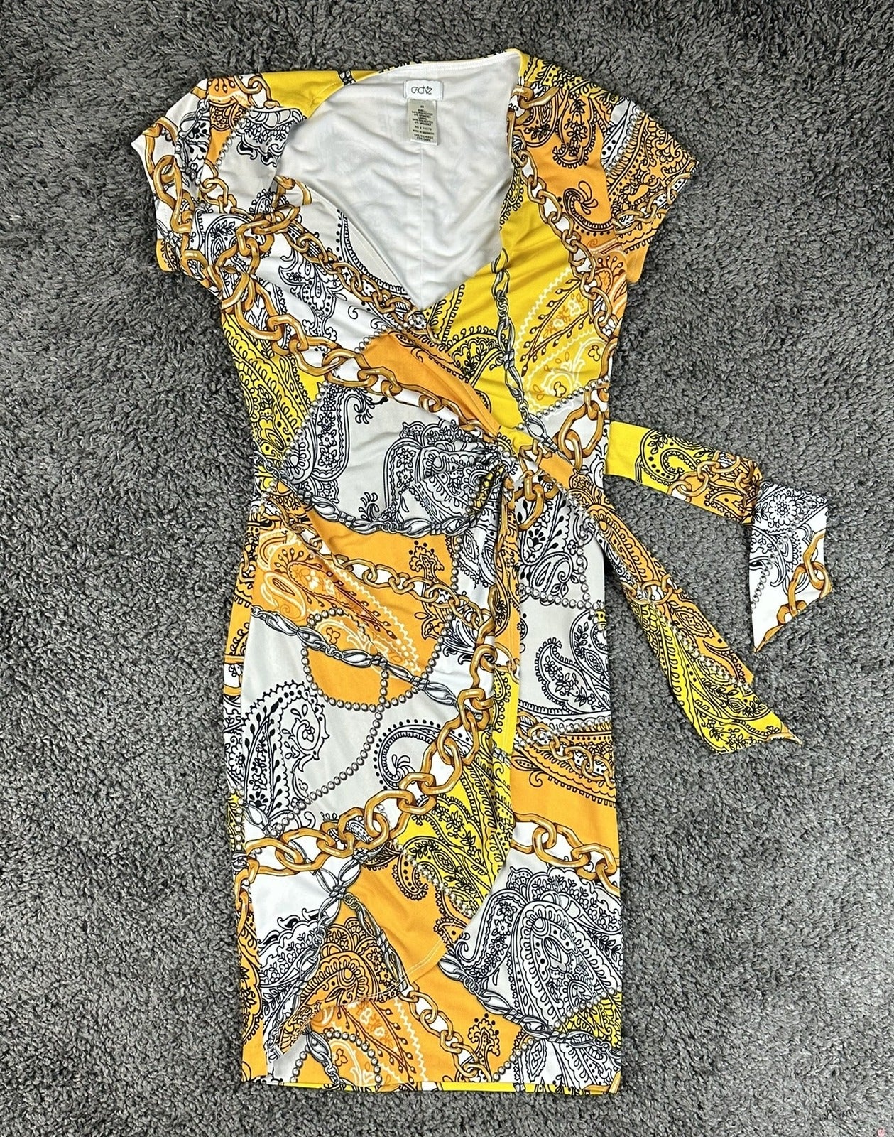 Cache Womens XS Faux Wrap Dress Gold Paisley Chain Print Side Tie Stretch