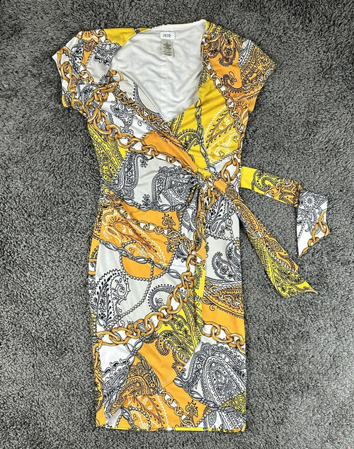 Cache Womens XS Faux Wrap Dress Gold Paisley Chain Print Side Tie Stretch