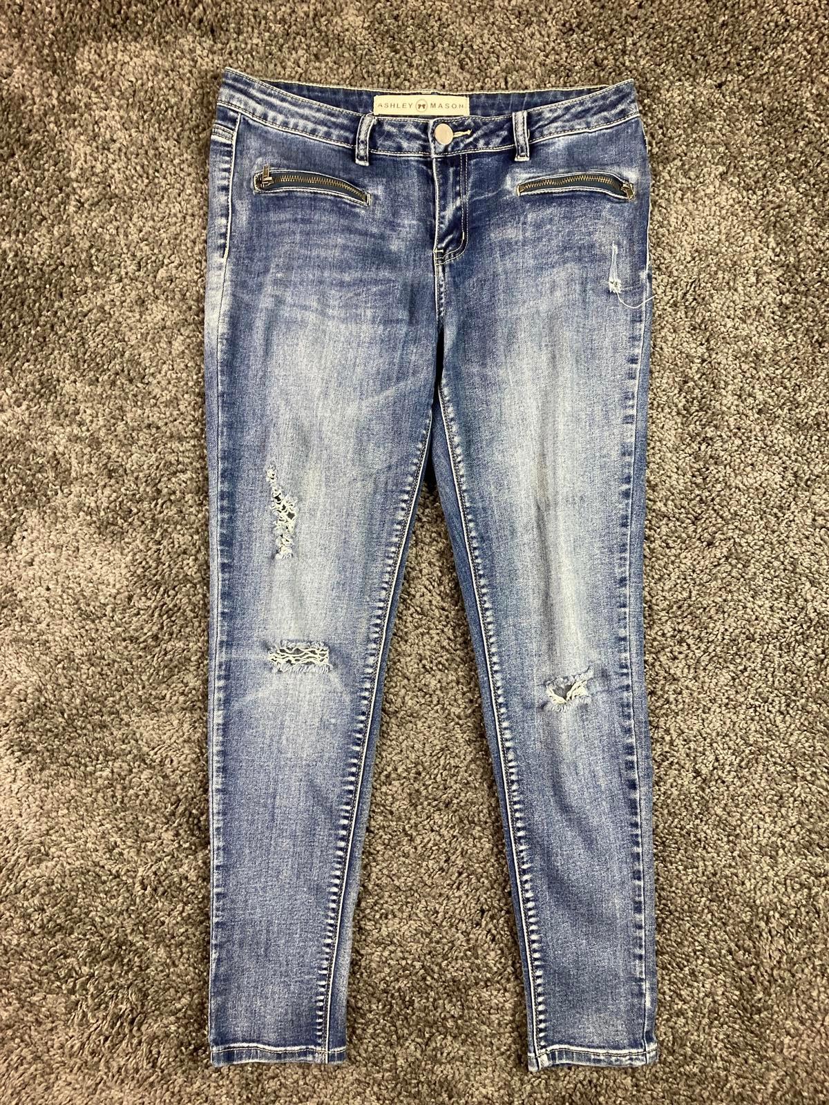 Ashley Mason Distressed Skinny Jeans Blue with Zip Pockets – Girls Size 11