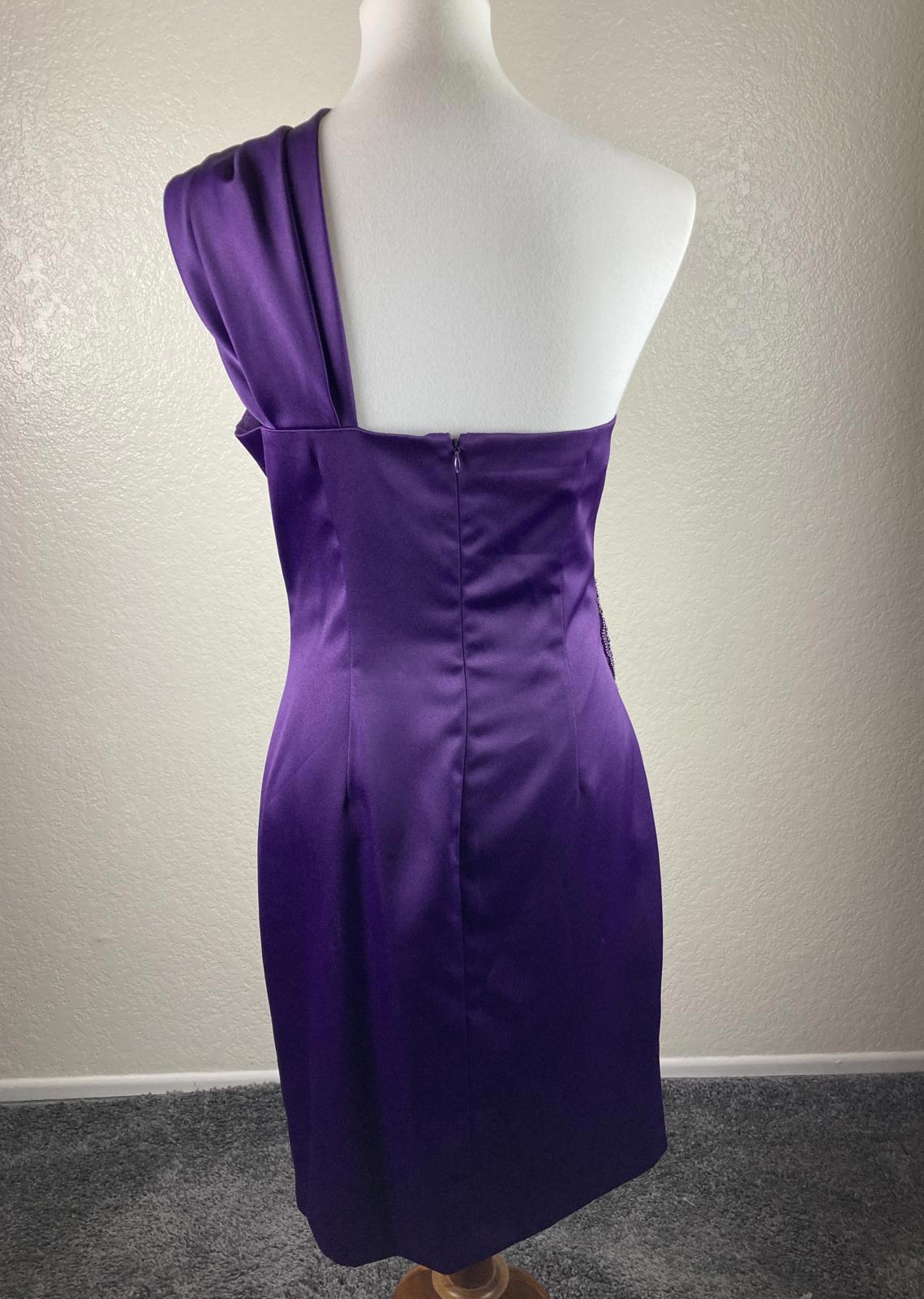 Eliza J Purple Satin One Shoulder Jeweled Brooch Cocktail Dress Lined Size 8