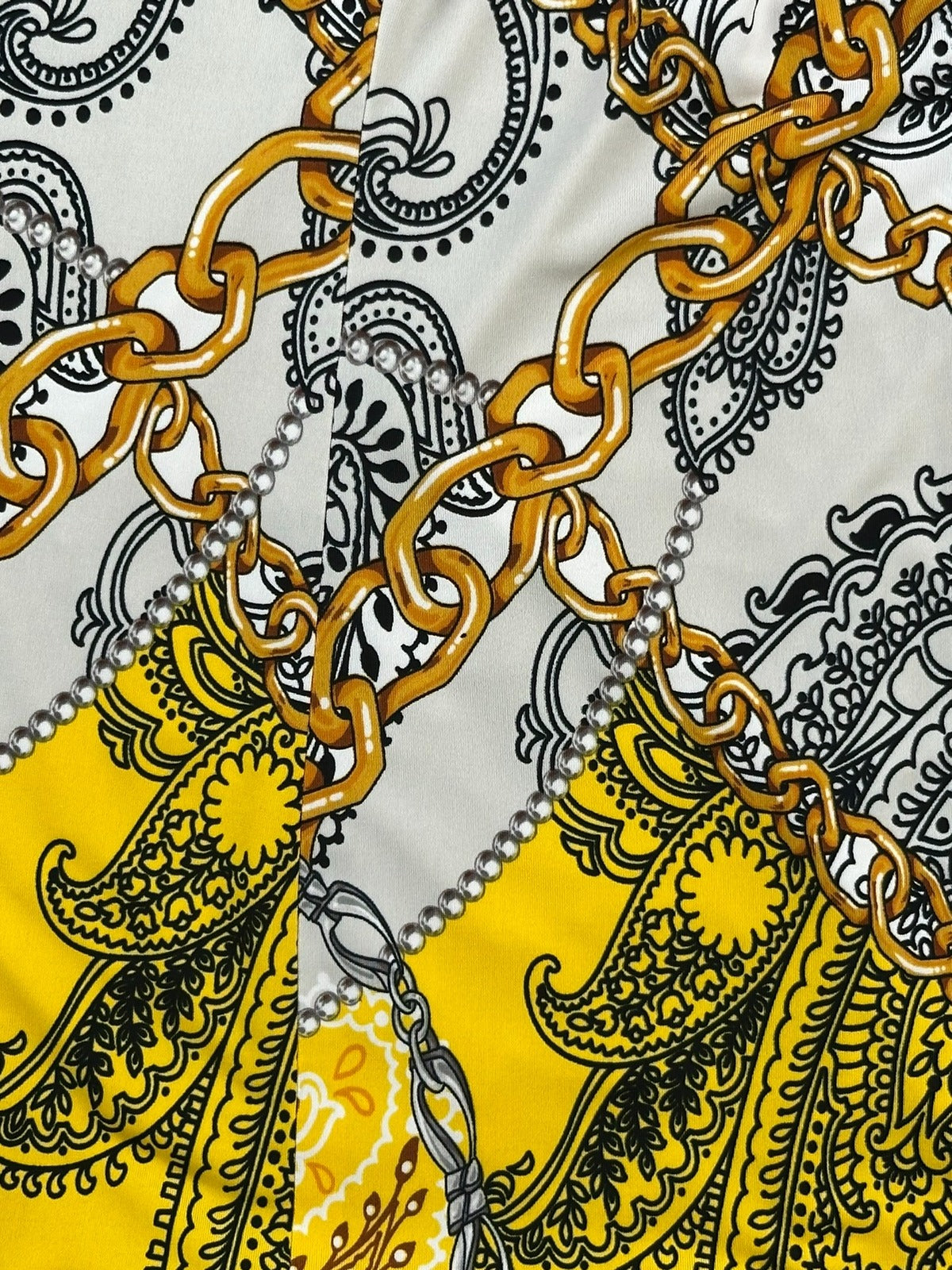 Cache Womens XS Faux Wrap Dress Gold Paisley Chain Print Side Tie Stretch