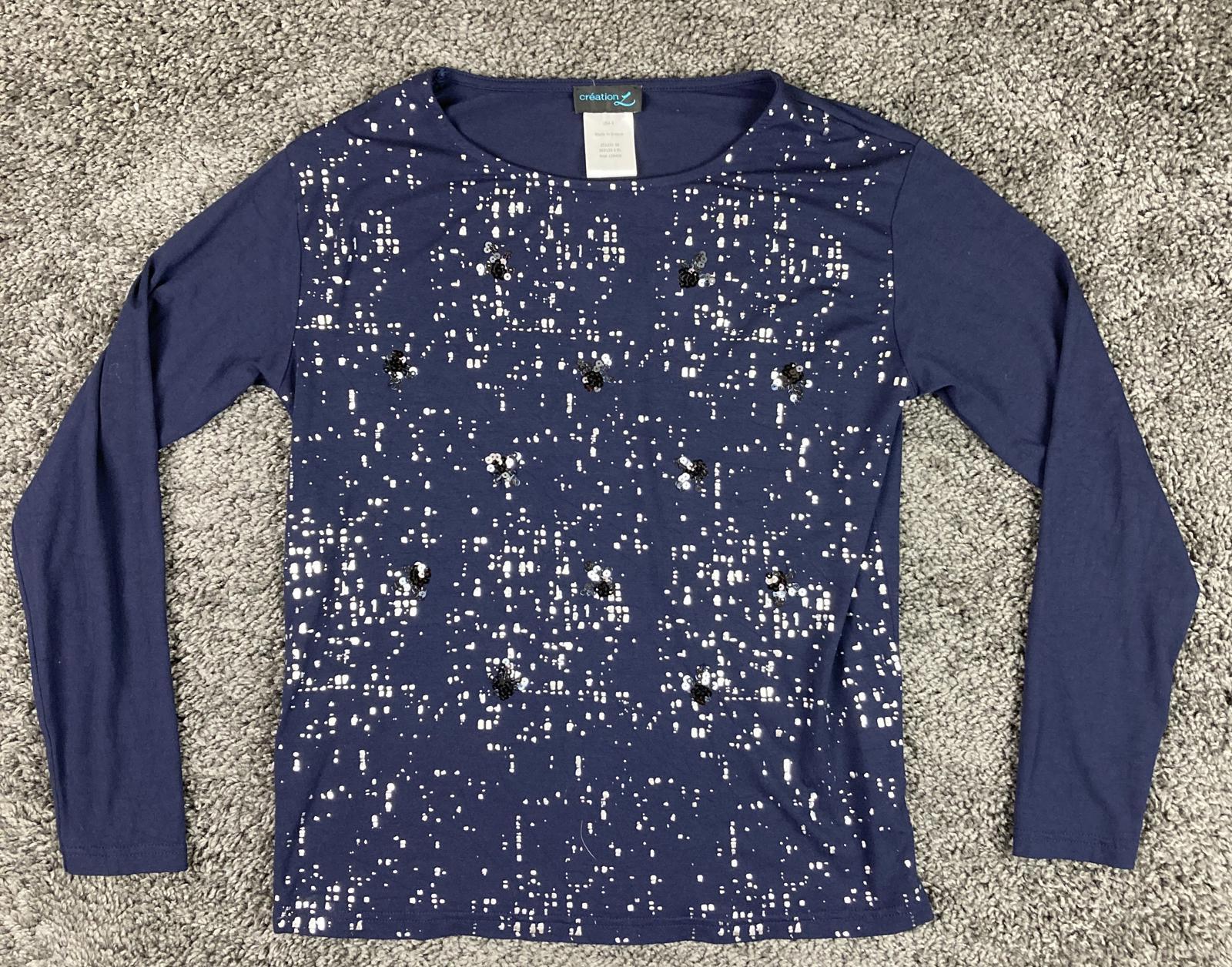 Creation L Navy Long Sleeve Sequin Abstract Top Womens Size 6