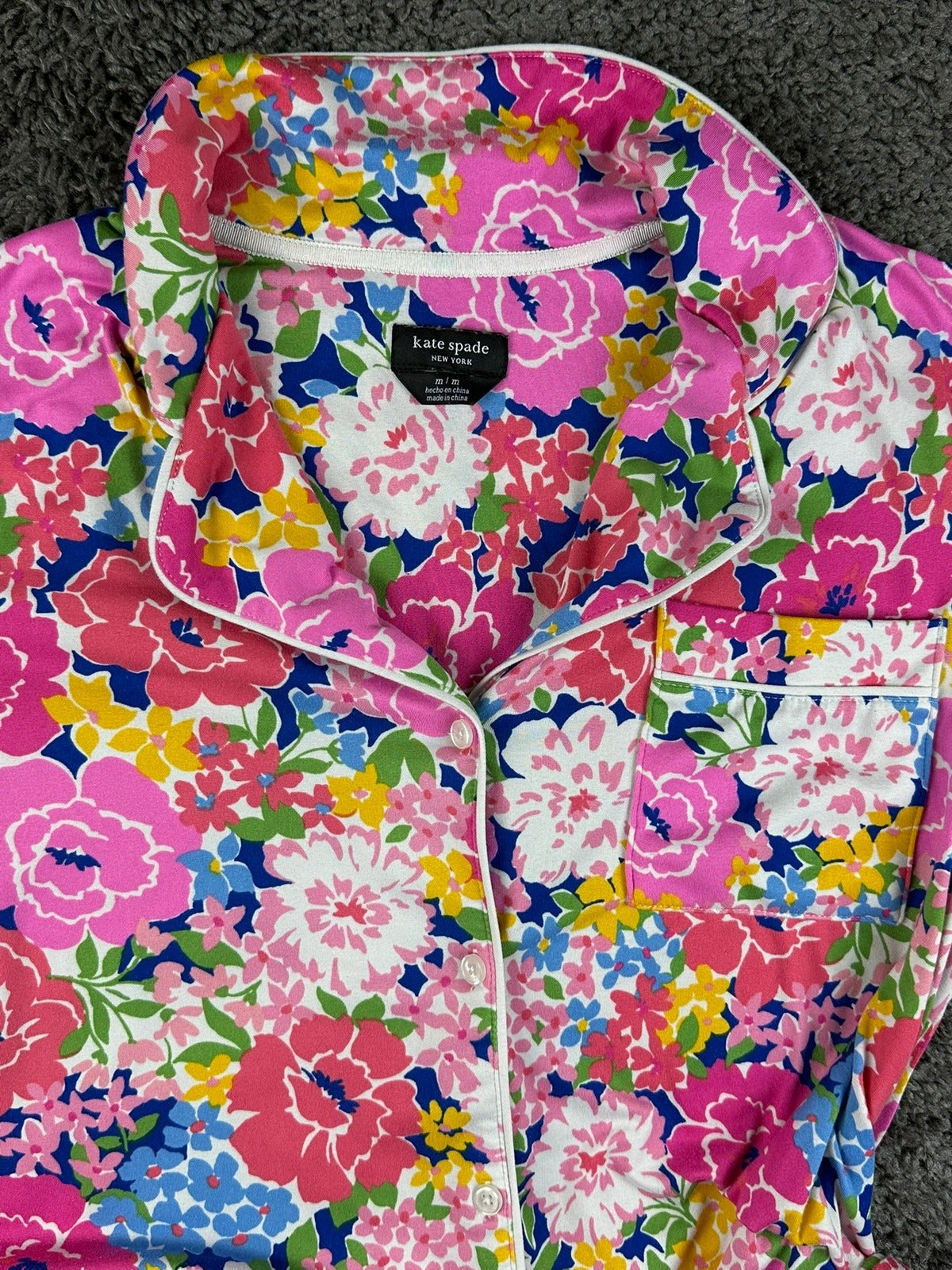 Kate Spade New York Womens Floral Pajama Top Pink Stretch Short Sleeve Sz M