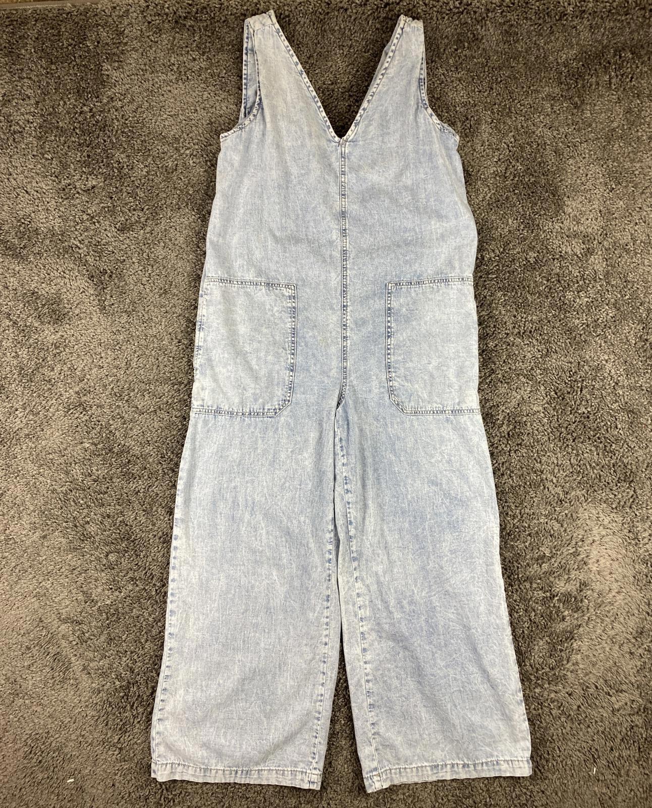 Mango MNG Denim Light Wash Wide Leg Jumpsuit Womens Sleeveless Pockets Size M