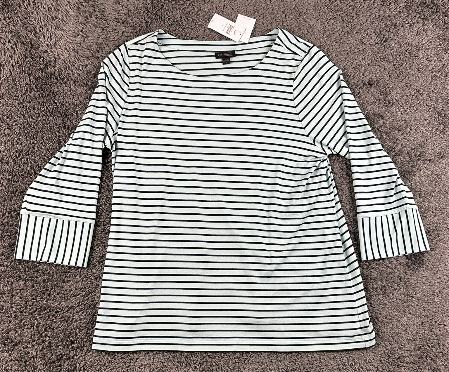 J.Jill Wearever Striped Top Womens Large Aqua Navy Button Cuff 3/4 Sleeve NWT