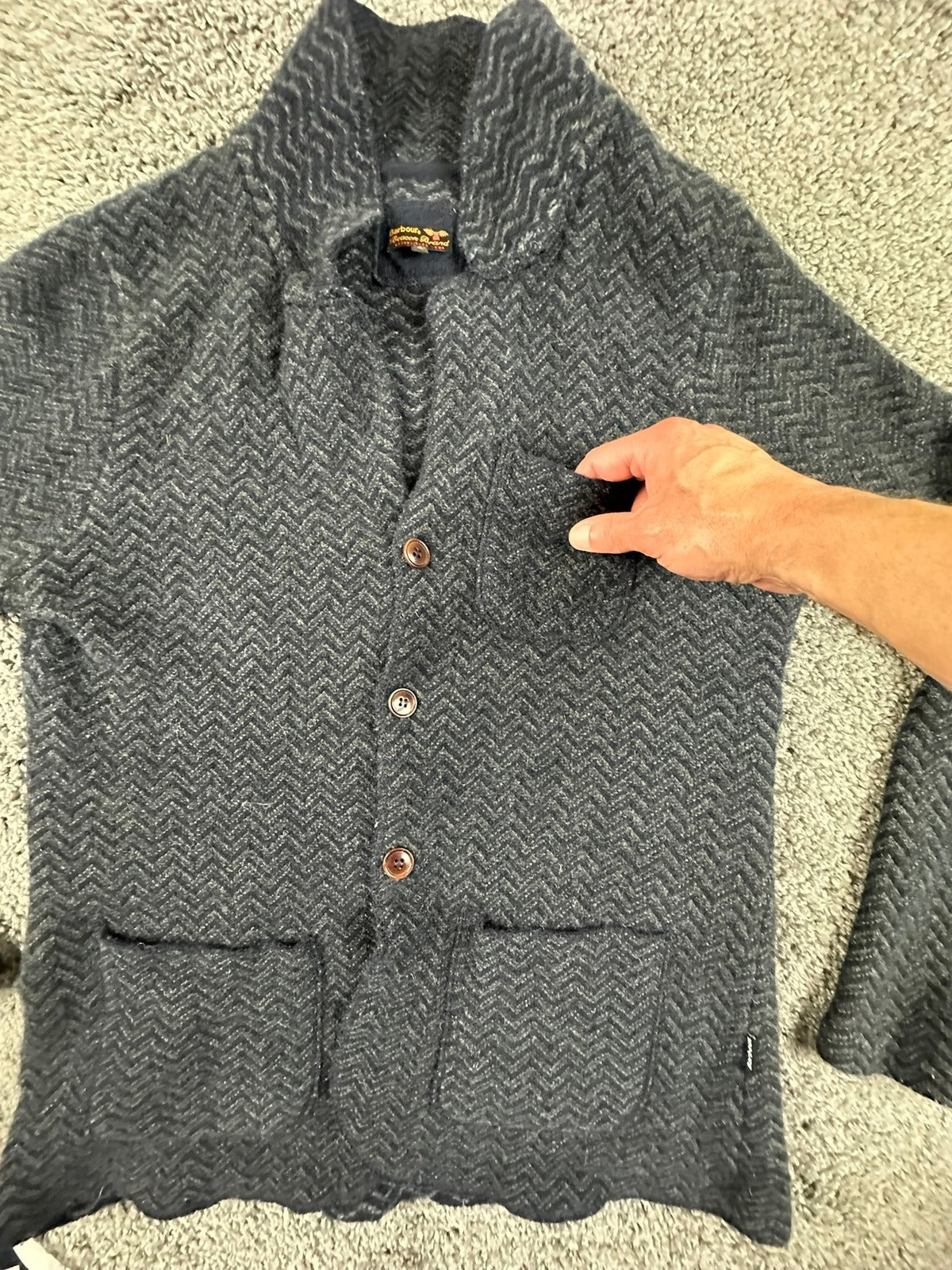 Barbour Beacon Brand Mens L Wool Blend Cardigan Sweater Jacket Herringbone Gray