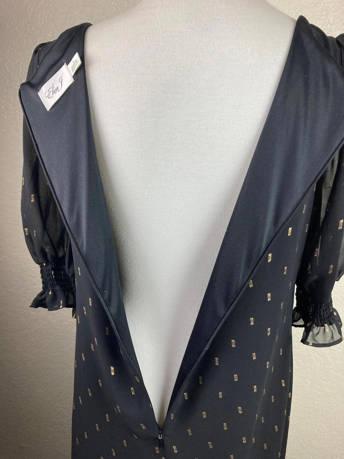 Eliza J Black Dress Gold Metallic Puff Sleeve  Size 8