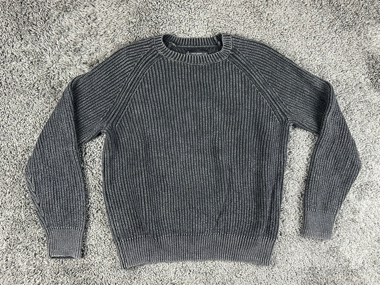 Lucky Brand Mens Medium Charcoal Acid Wash Ribbed Cotton Crewneck Sweater