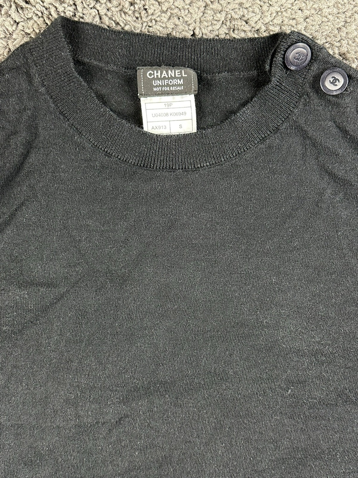 CHANEL Uniform 19P Black Wool Blend Knit Sweater CC Logo Shoulder Buttons Small