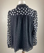 Joie Black White Polka Dot Sheer Blouse Ruffle Neck Button Front Long Sleeve S/P