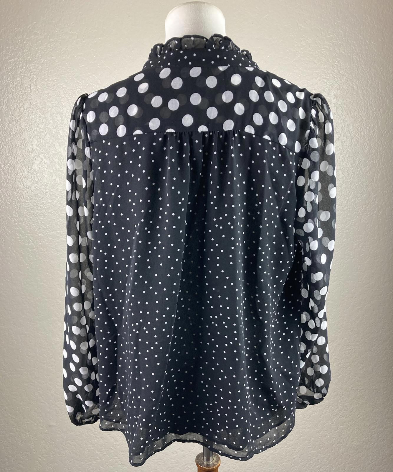 Joie Black White Polka Dot Sheer Blouse Ruffle Neck Button Front Long Sleeve S/P