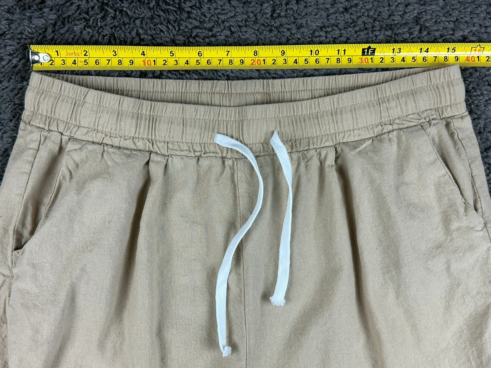 Mens 100% Linen Drawstring Shorts M Beige Elastic Waist Casual Beach Resort