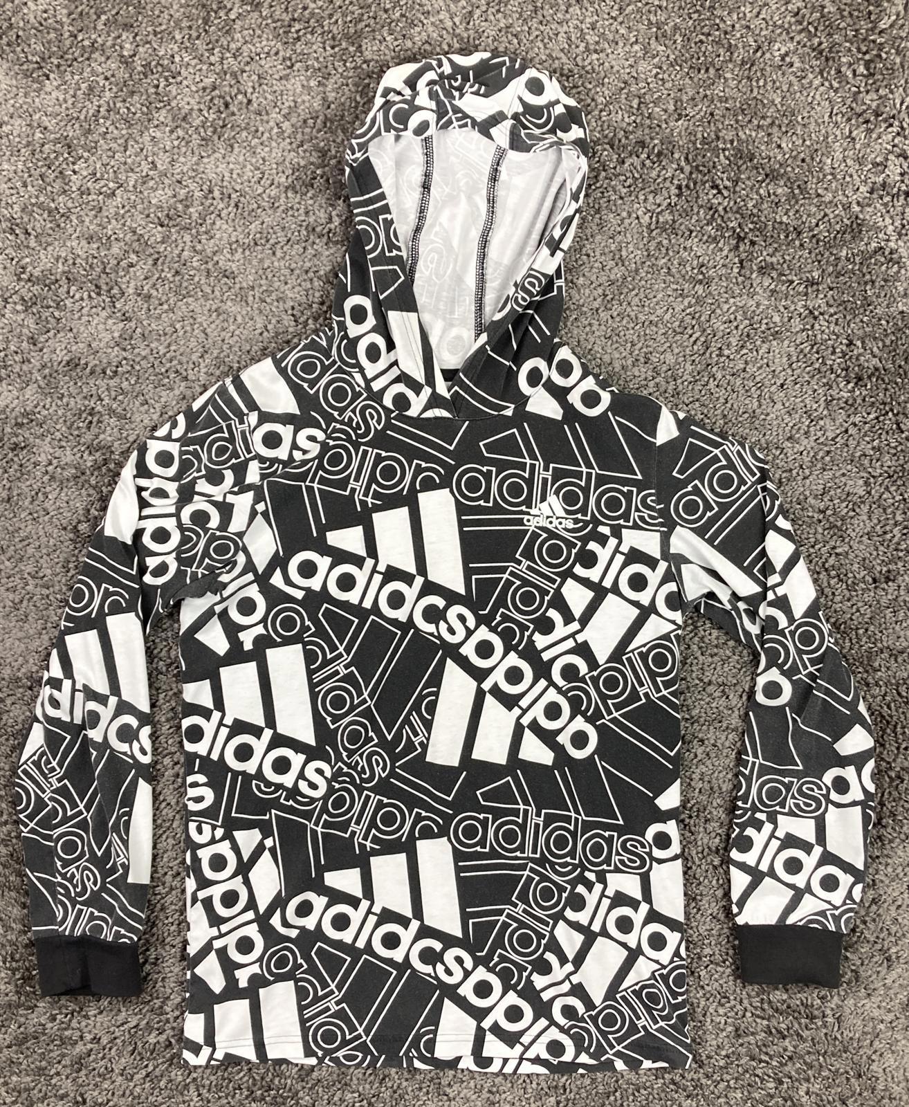 Adidas Unisex Youth Hoodie Pullover Large 14/16 Black White All Over Logo Print