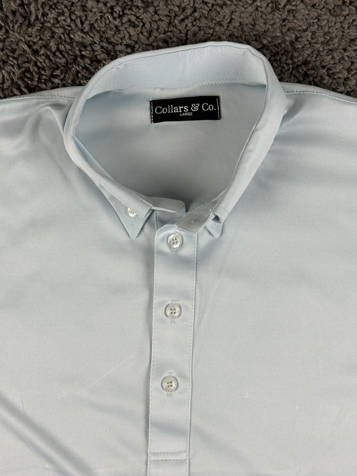 Collars & Co Mens Large Light Blue Dress Collar Polo Shirt Short Sleeve Stretch