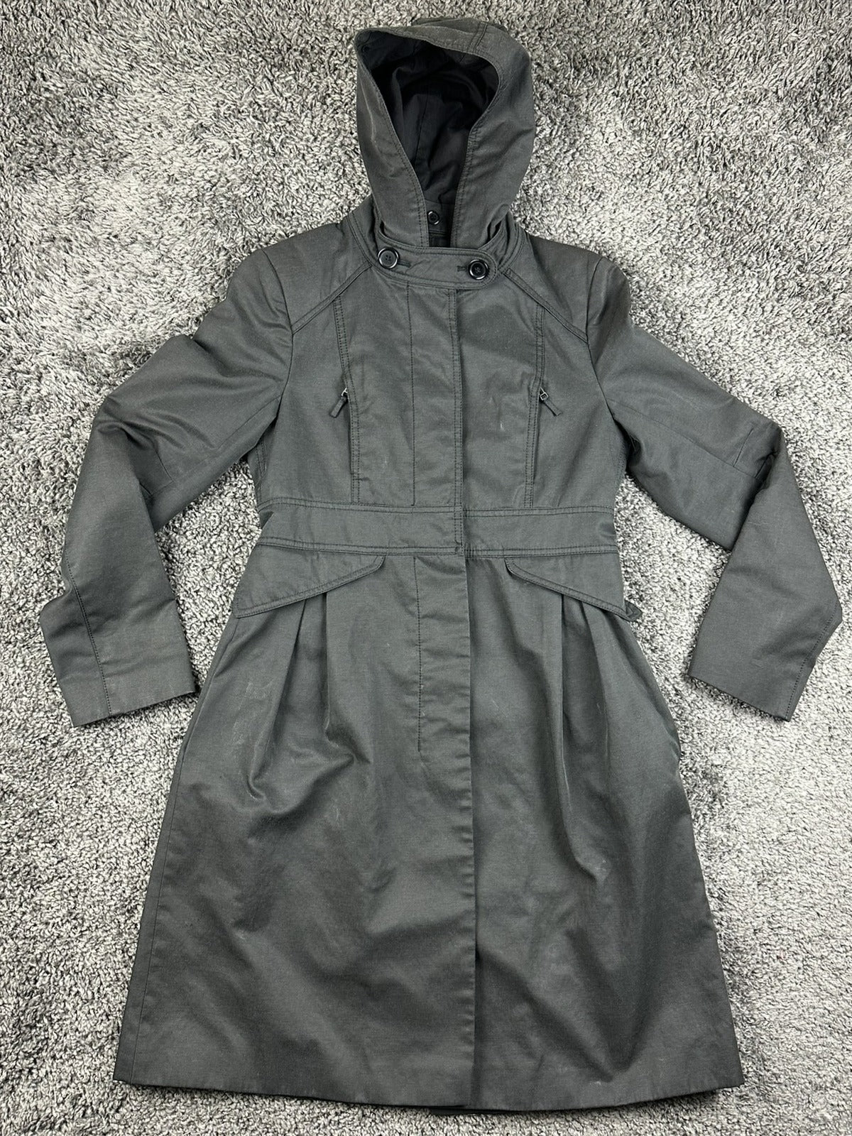 French Connection Womens Hooded Trench Coat Black Size 6 Anorak Rain Jacket