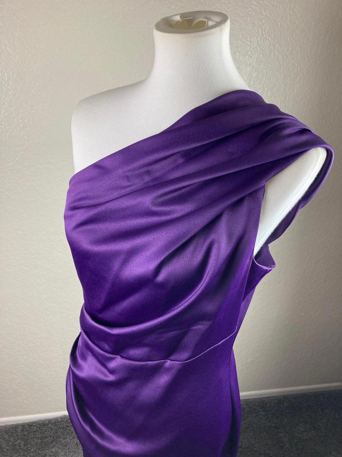 Eliza J Purple Satin One Shoulder Jeweled Brooch Cocktail Dress Lined Size 8