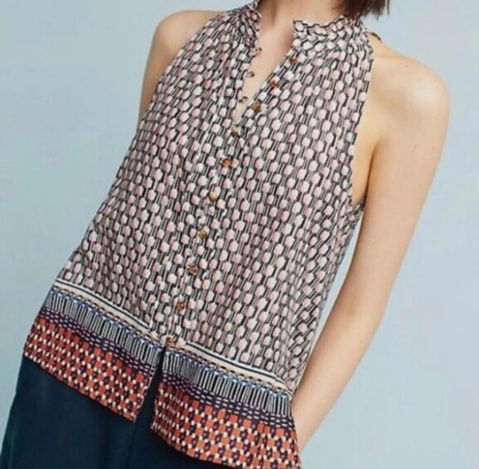 Maeve Anthropologie Sleeveless Ruffle Neck Blouse Women’s Sz S Geometric Cotton