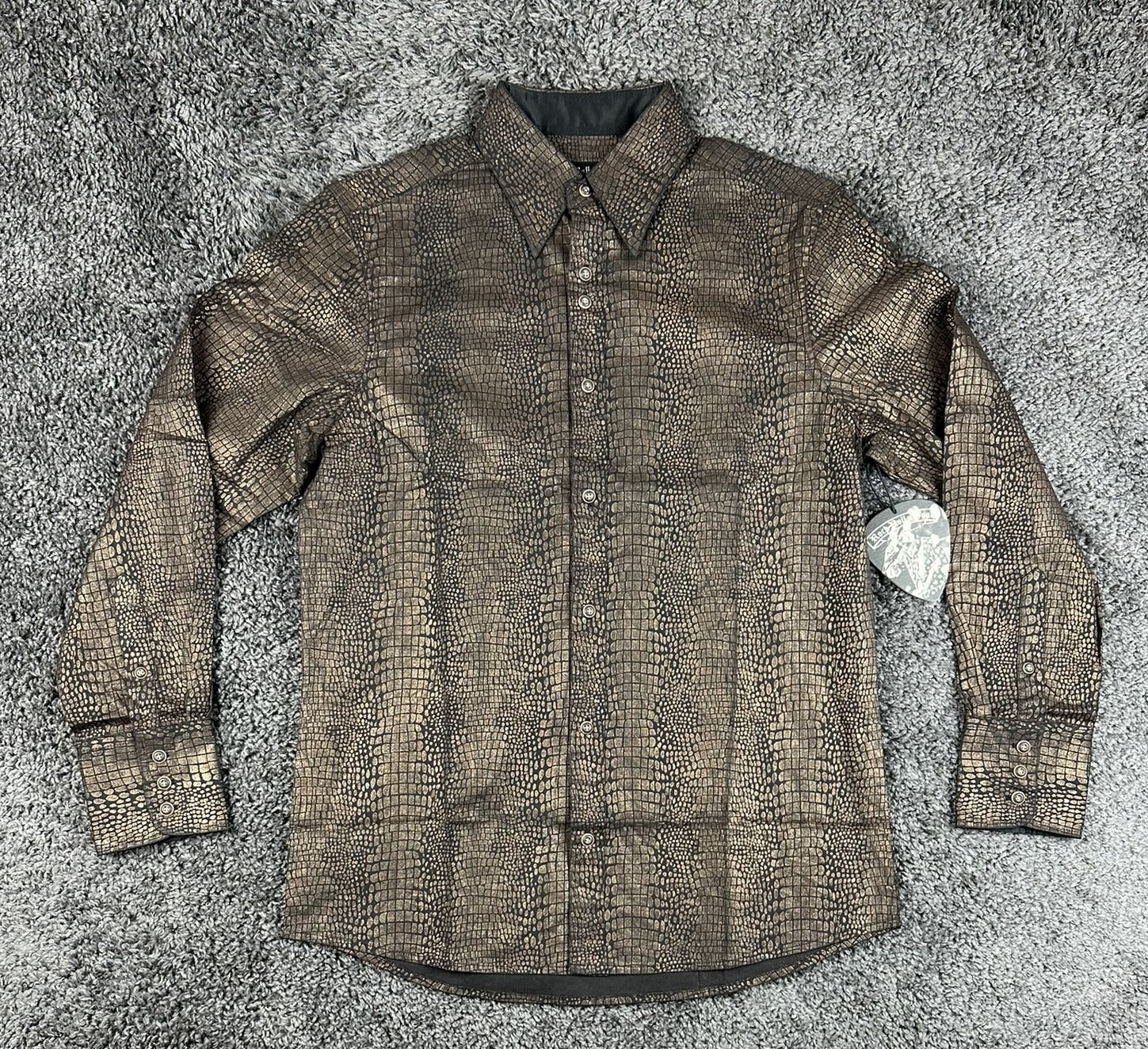 Rock Roll n Soul Mens Snakeskin Print Shirt Black Gold Button Up Shirt M NWT