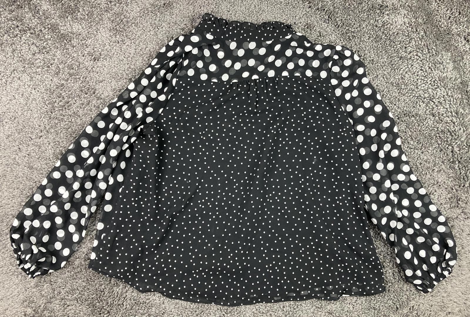 Joie Black White Polka Dot Sheer Blouse Ruffle Neck Button Front Long Sleeve S/P