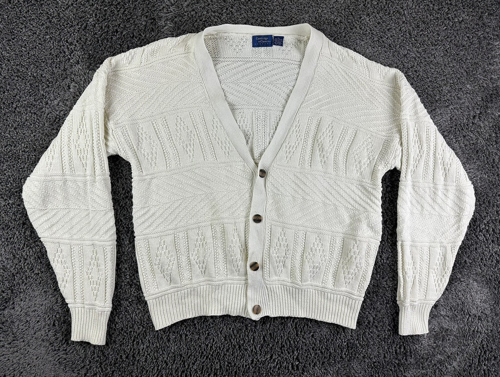 Vintage Cambridge Classics Mens Cardigan Sweater XL Cream Cotton Knit USA Made