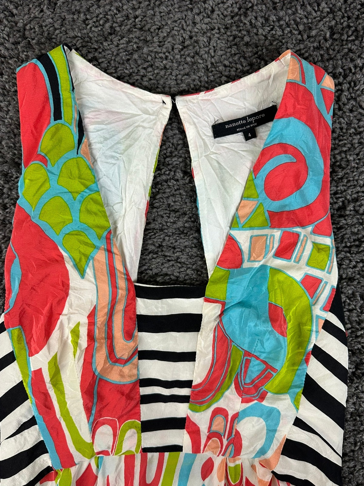 Nanette Lepore 100% Silk Maxi Dress Womens 4 Abstract Print Open Back USA
