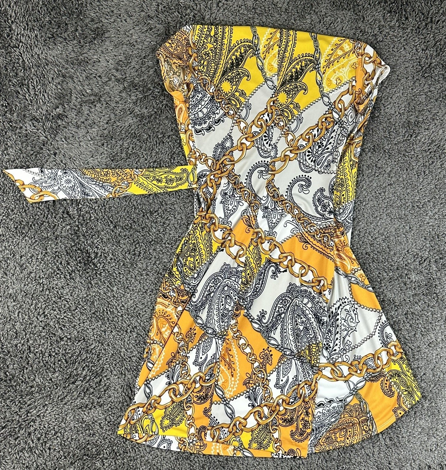 Cache Womens XS Faux Wrap Dress Gold Paisley Chain Print Side Tie Stretch