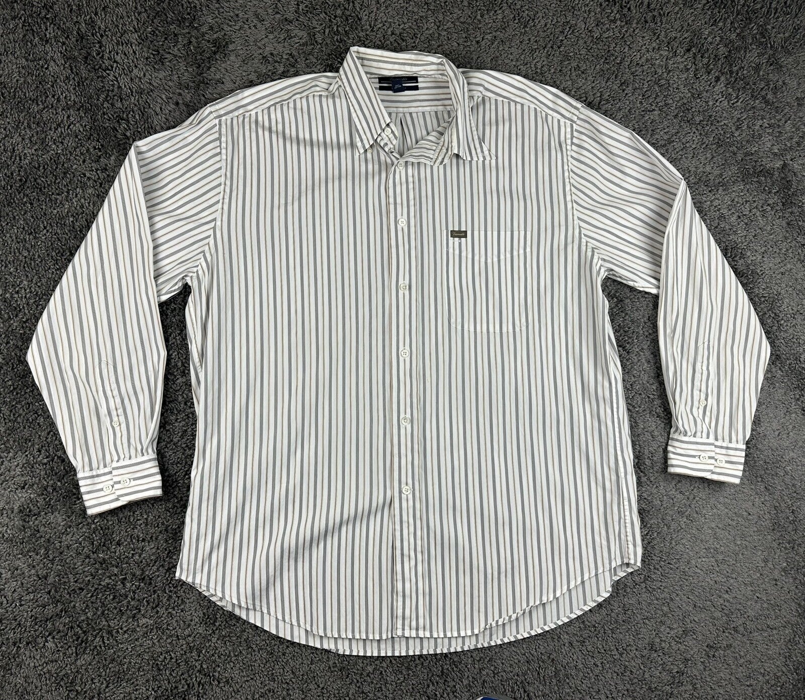 Faconnable Mens Striped Button Down Shirt White Gray Tan Size XL Relaxed Fit