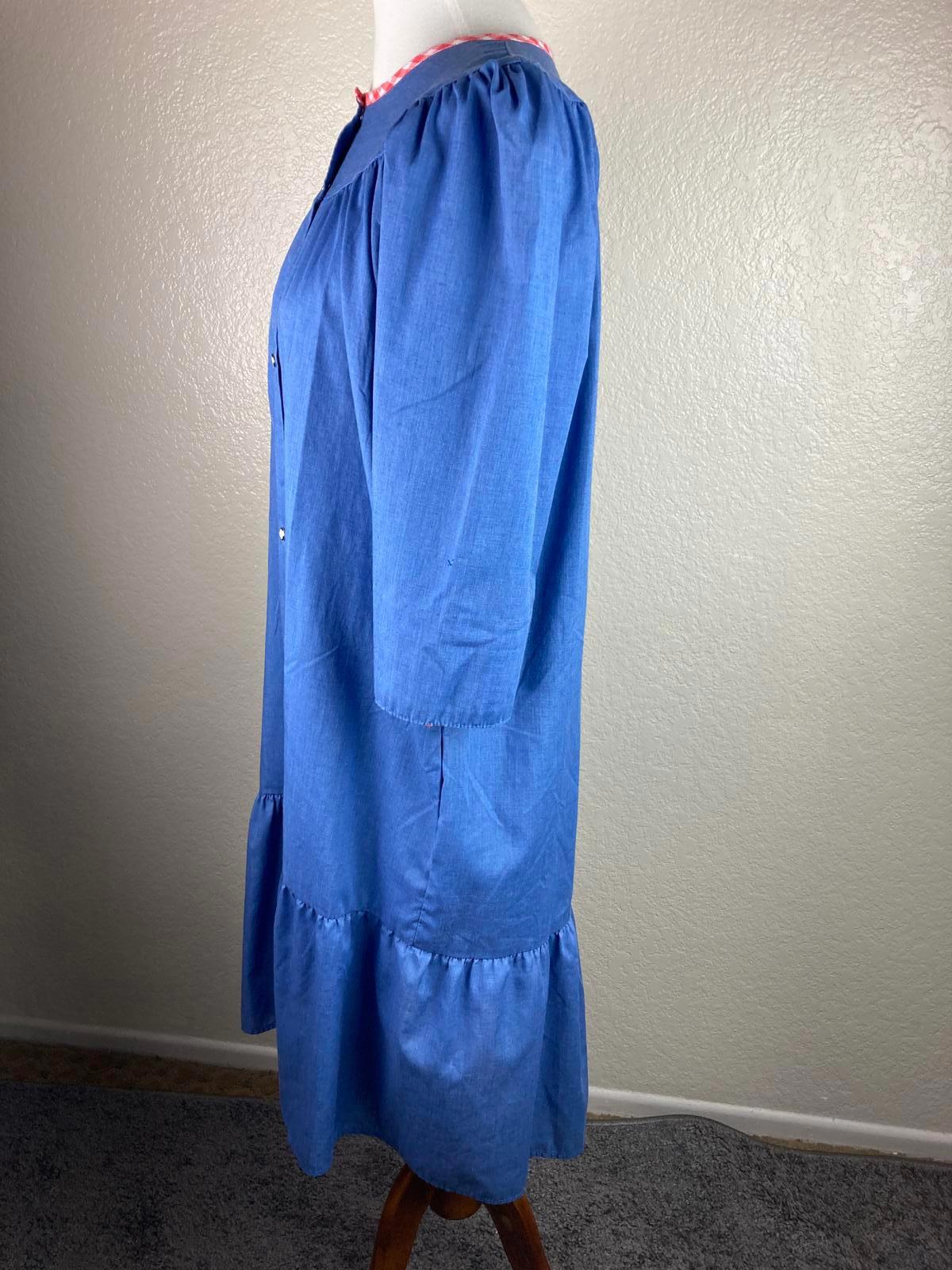 Hedy Lin Casuals Vintage Dress Pearl Snap Button, Blue Chambray Gingham Size L