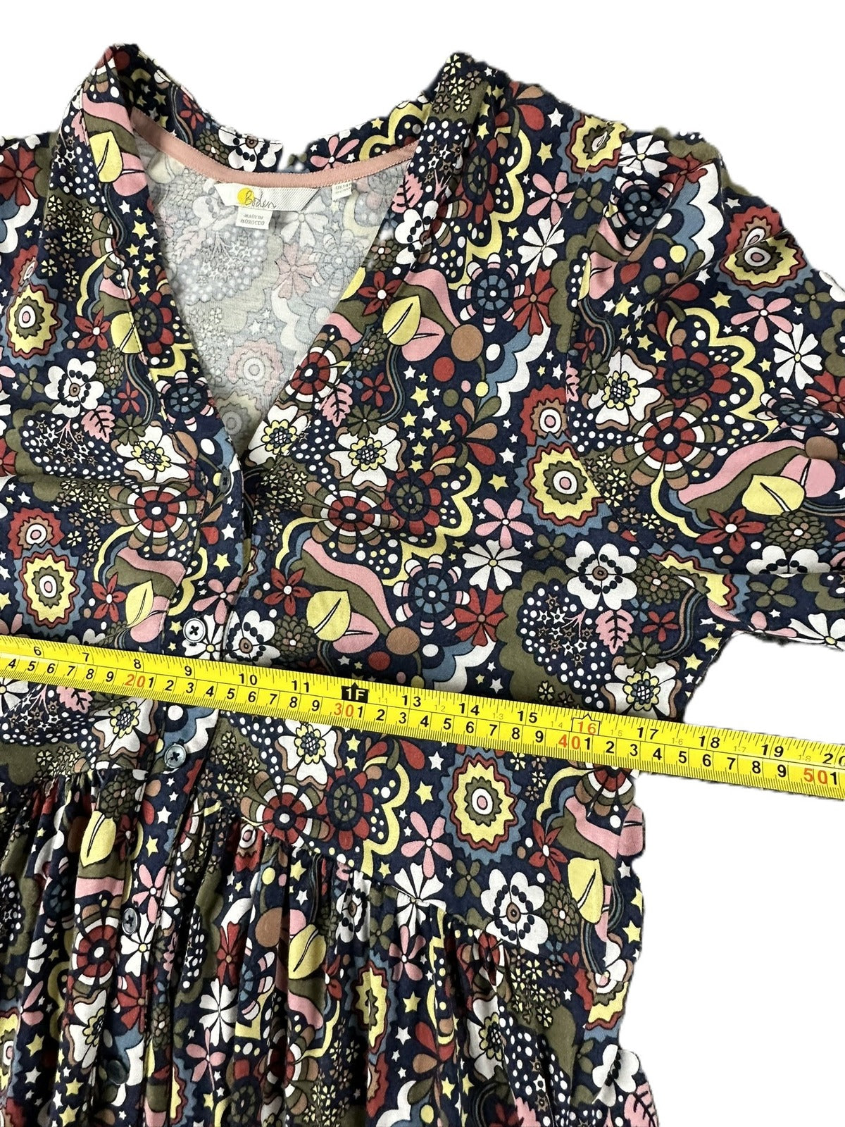 Boden Button Through Jersey Dress US 10R Multicolor Floral V-Neck Long Sleeve