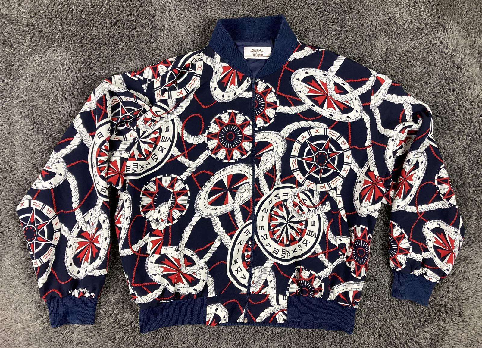 Vtg Lilli Ann for I Magnin Nautical Bomber Jacket Compass Print  Navy Red Sz Lg