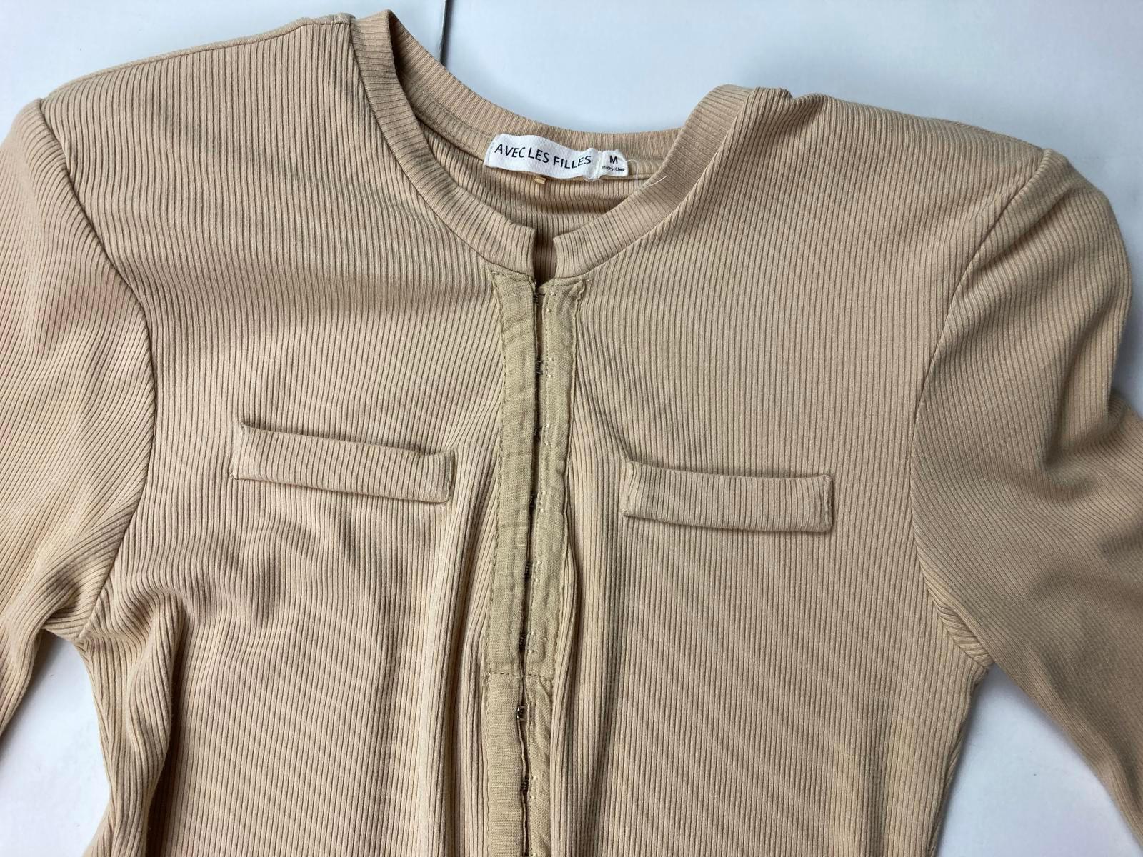 Avec Les Filles HALF Sleeve Military-Inspired Rib Knit Midi Dress Beige Size M