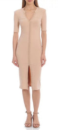 Avec Les Filles HALF Sleeve Military-Inspired Rib Knit Midi Dress Beige Size M
