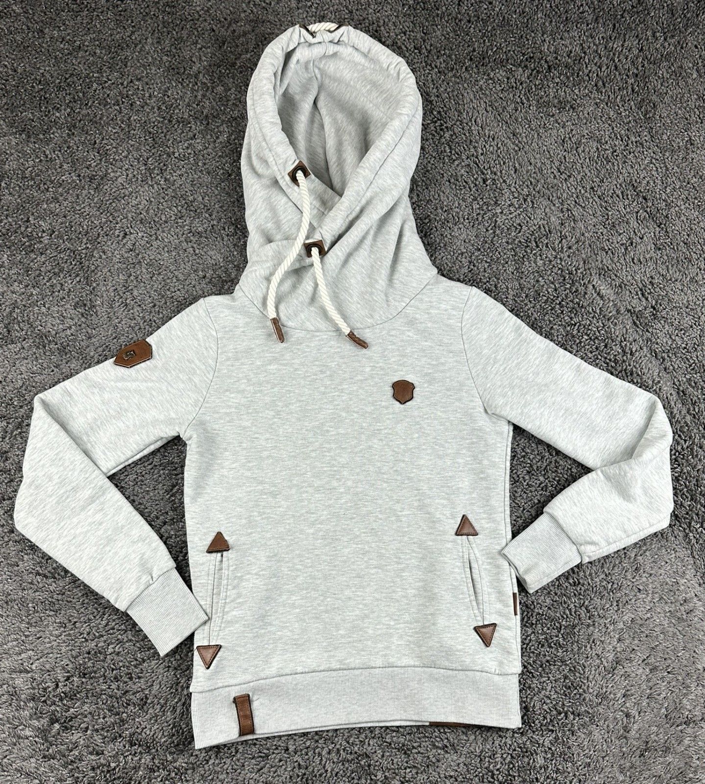 Naketano Womens Gray Cowl Neck Hoodie Pullover Sweatshirt Owl Rope Patch Sz M
