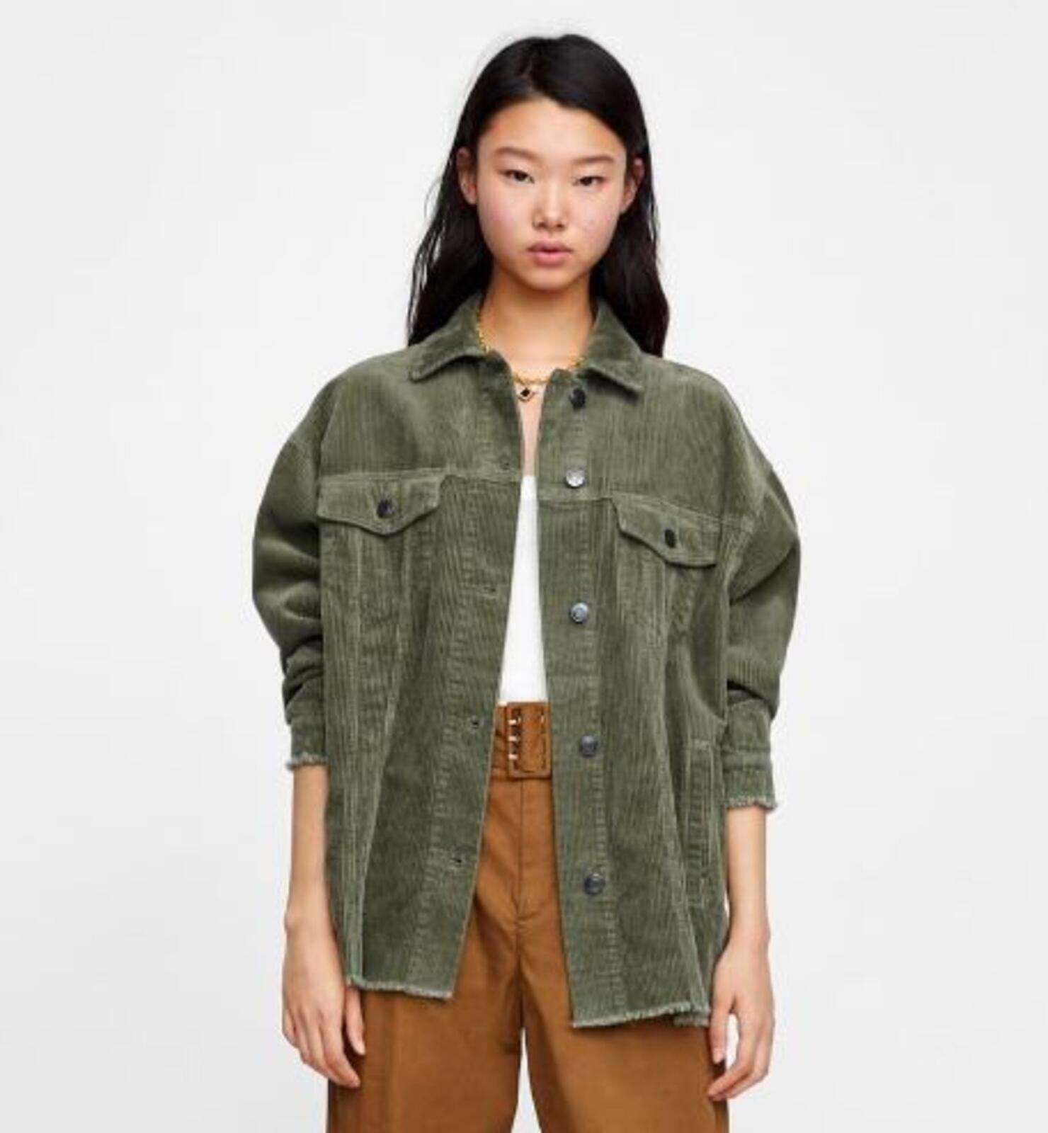 ZARA Womens Olive Green Corduroy Jacket Oversized Shacket Trucker Raw Hem Sz S