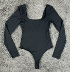 Zara Womens Bodysuit Black Medium Square Neck Long Sleeve Thong Stretch