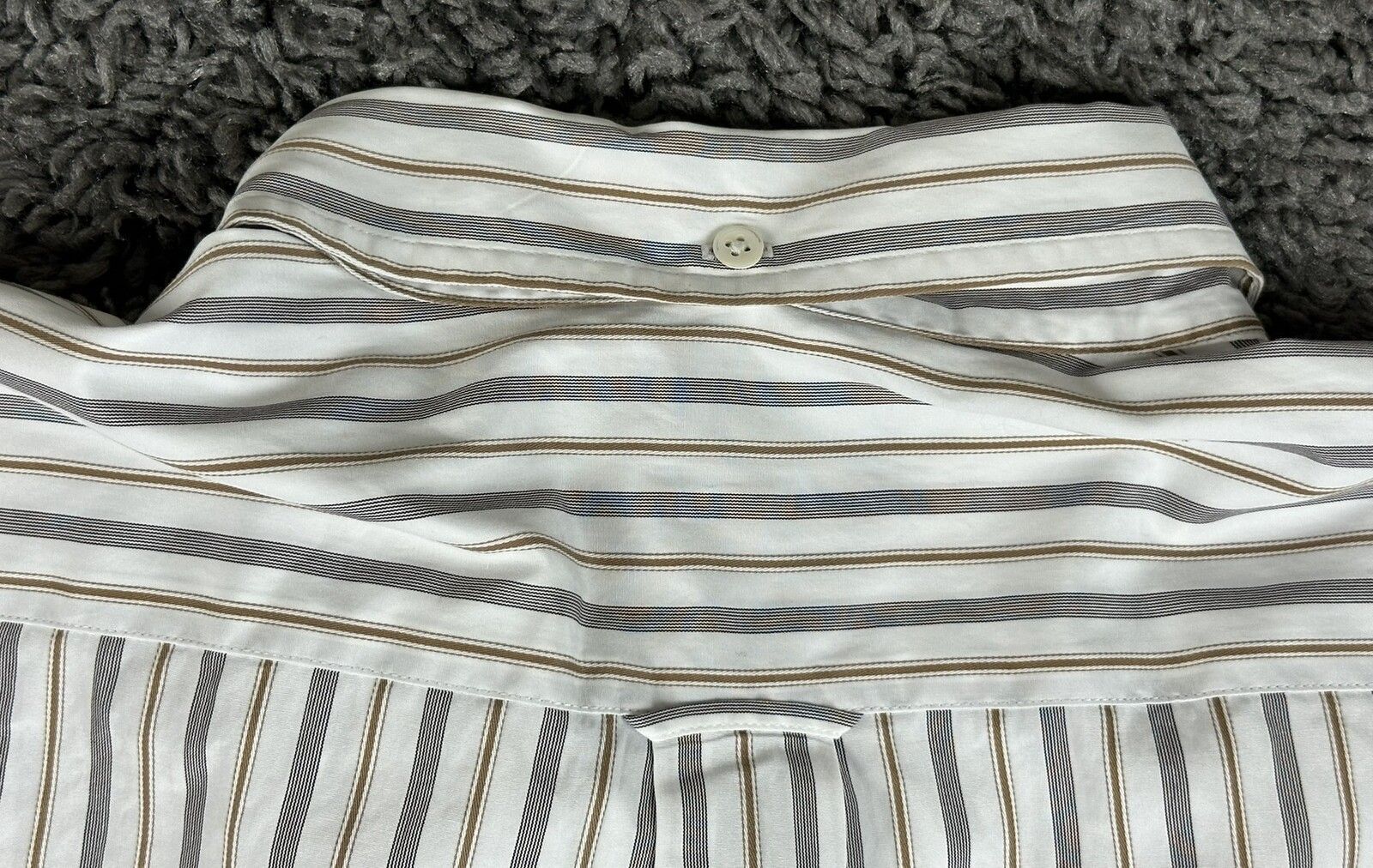 Faconnable Mens Striped Button Down Shirt White Gray Tan Size XL Relaxed Fit