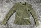 VEDA Leather Jacket Women Olive Green Asymmetrical Moto Wool Knit Silk Sz M