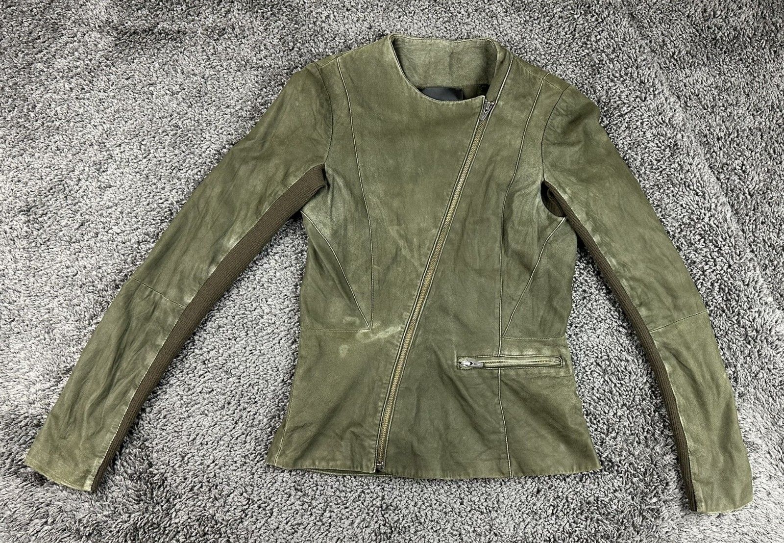 VEDA Leather Jacket Women Olive Green Asymmetrical Moto Wool Knit Silk Sz M
